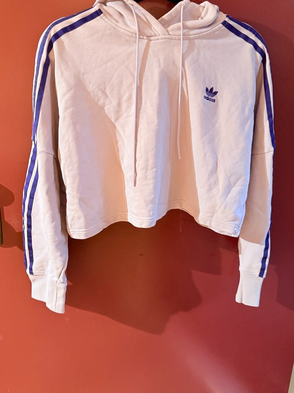 adidas White Cropped Hoodie Jacket with Blue Stripes